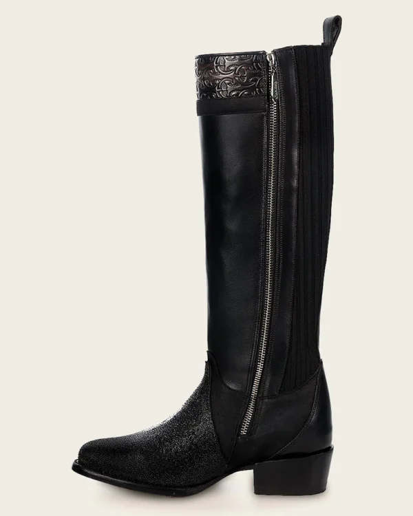 Black Stingray Leather Knee High Boots - Image 2