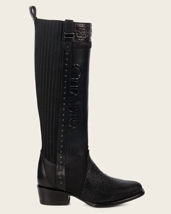 Black Stingray Leather Knee High Boots - Image 4