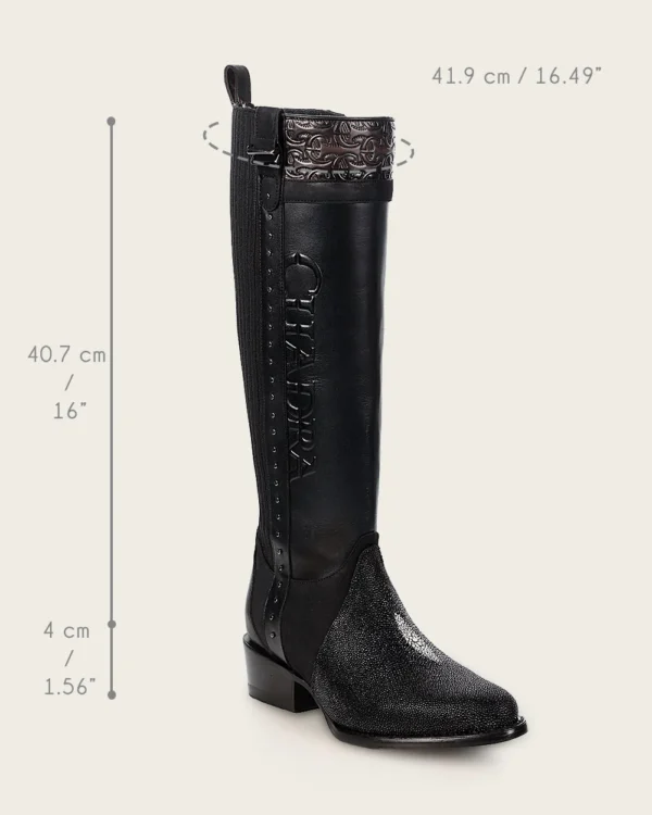 Black Stingray Leather Knee High Boots - Image 7
