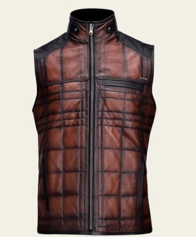 Reversible brown leather vest with embroidery