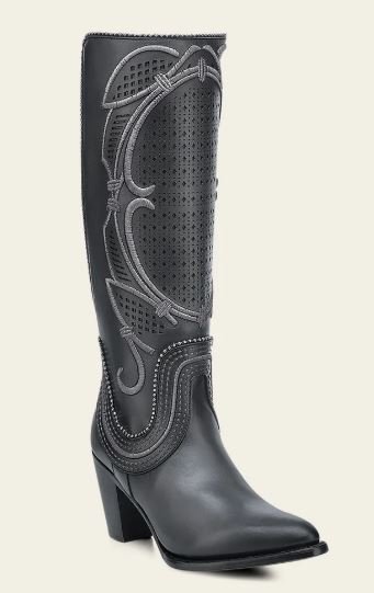 Women’s Tall Gray Leather Boot with Laser-Cut Shaft & Raised Embroidery