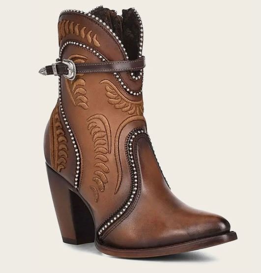 Honey-colored leather cowboy ankle boots with embroidery