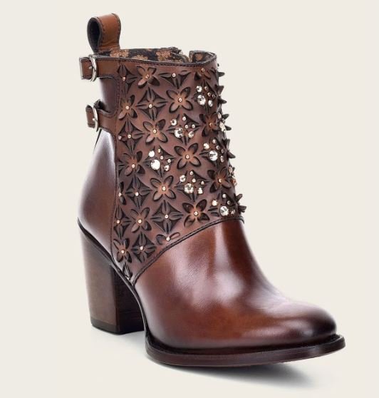 Brown leather ankle boot with Austrian crystals