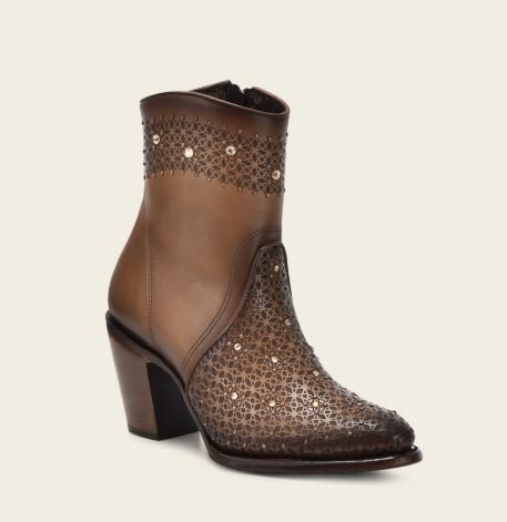 Honey-colored perforated leather ankle boot with Austrian crystals