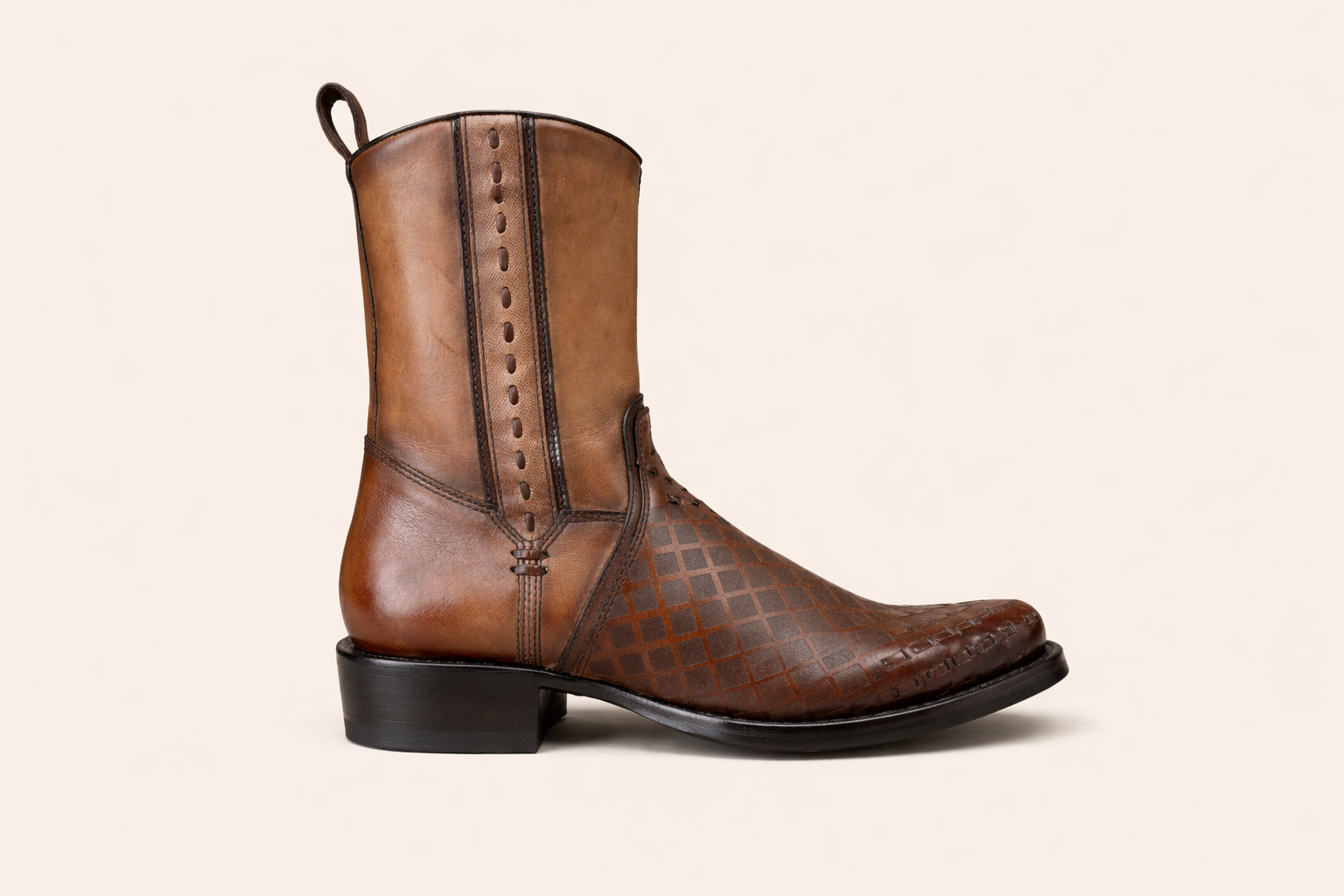 Leather Ankle Boot with Geometric Embossed Vamp