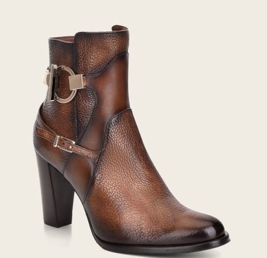 Genuine deerskin ankle boot in honey color with heel