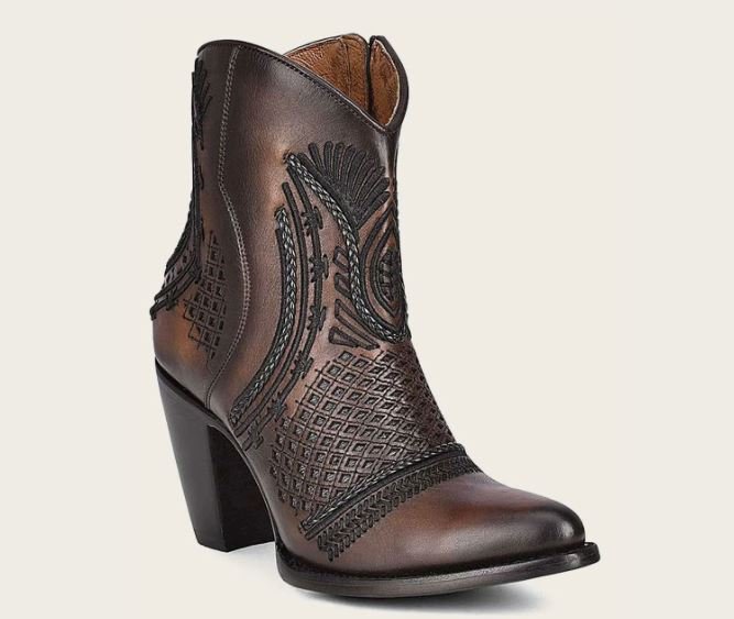 Brown leather ankle boot with handcrafted weave