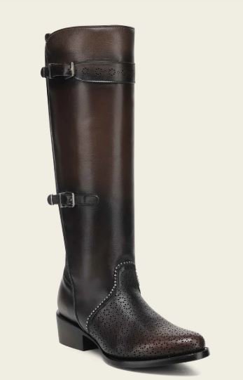 Women’s Brown Tall Equestrian Leather Boot with Laser-Cut Details and Decorative Straps