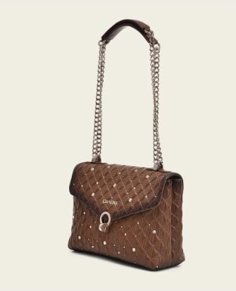 Brown leather shoulder bag with double chain handles - Image 2