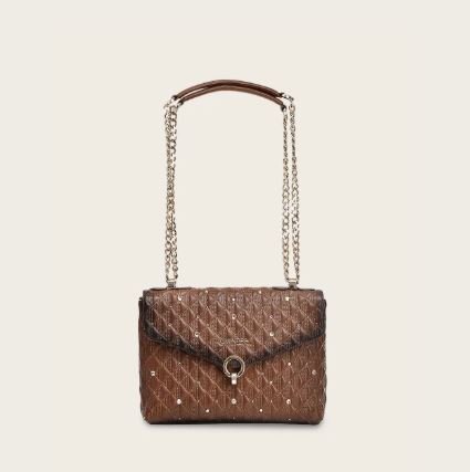 Brown leather shoulder bag with double chain handles