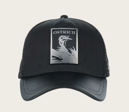 Black ostrich metal patch leather cap