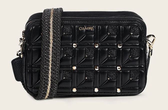 Black exotic leather shoulder bag with decorative Austrian crystals