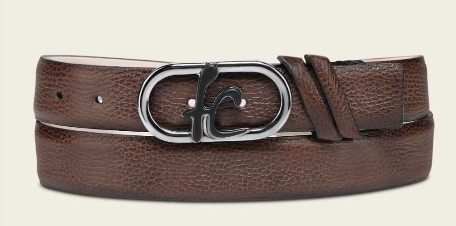 Men’s Genuine Deer Honey Leather Dress Belt with Monogram Buckle