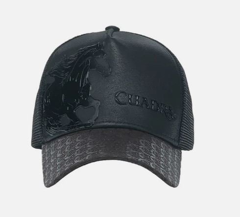 Cuadra Black Leather Cap with Embossed Horse Design